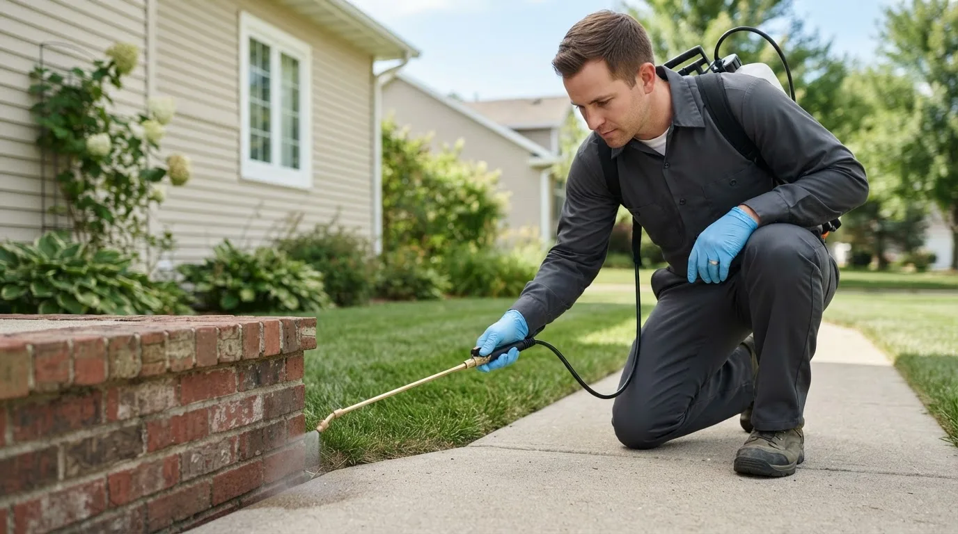 Pest control technician treating a home near Guilderland Center, NY