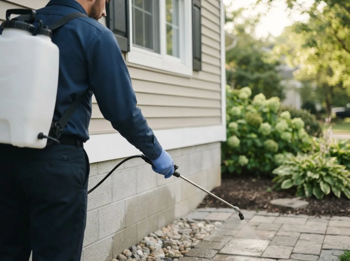 Pest control technician inspecting a home in Guilderland Center, NY